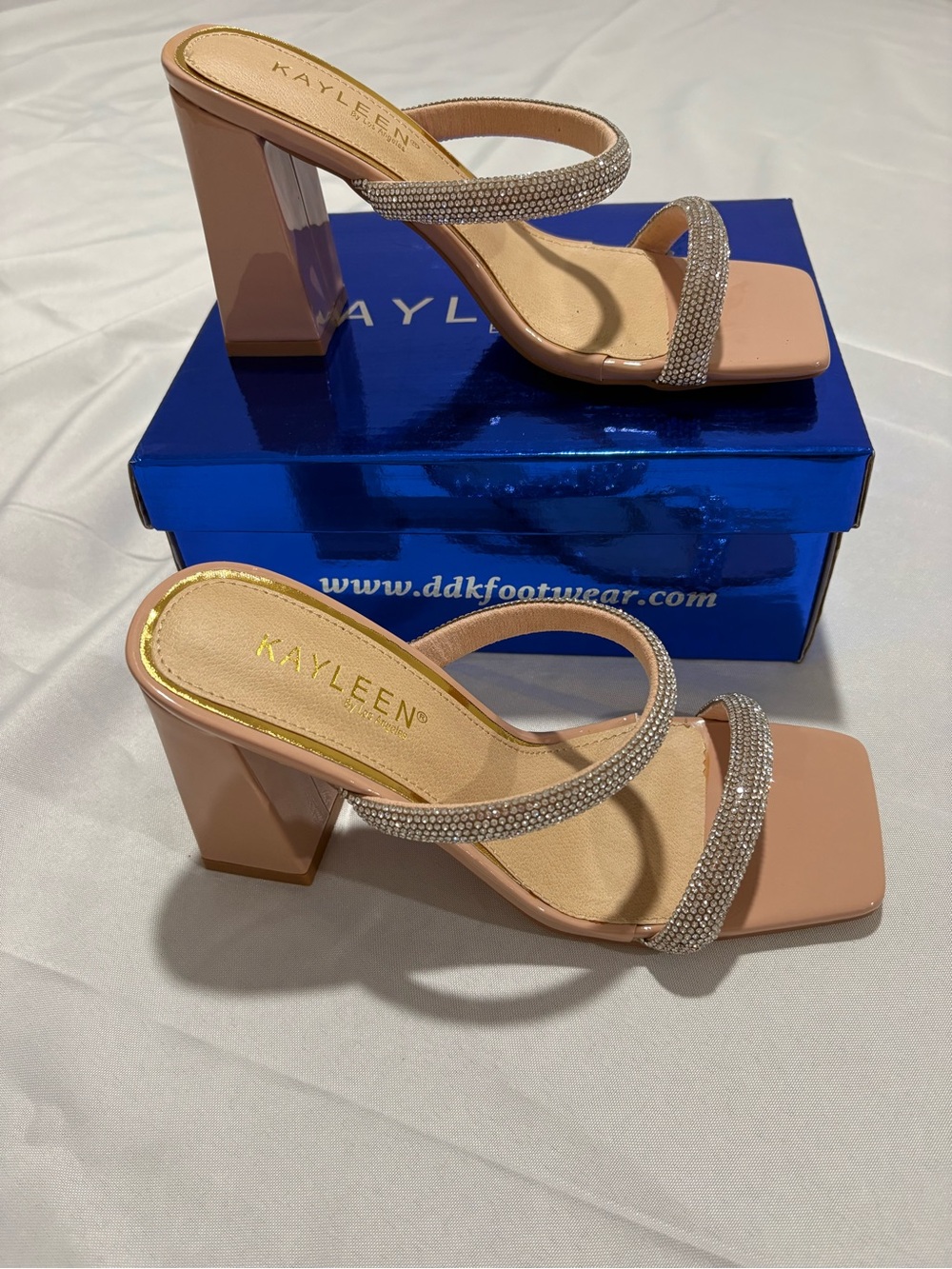KAYLEEN By Los Angeles Nude Rhinestone Double-Strap Block Heels